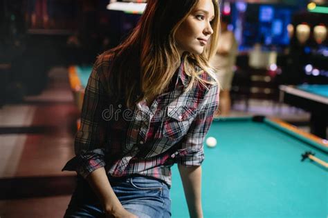 Young Happy Girl Having Fun With Billiard Play And Fun Concept Stock Image Image Of Balls
