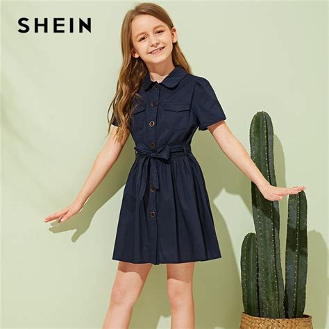 Shein Kiddie Navy Single Button Front Belted Girls Shirt Dress 2019
