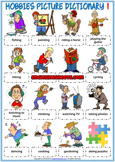 Hobbies Esl Printable Picture Dictionary Worksheets For Kids