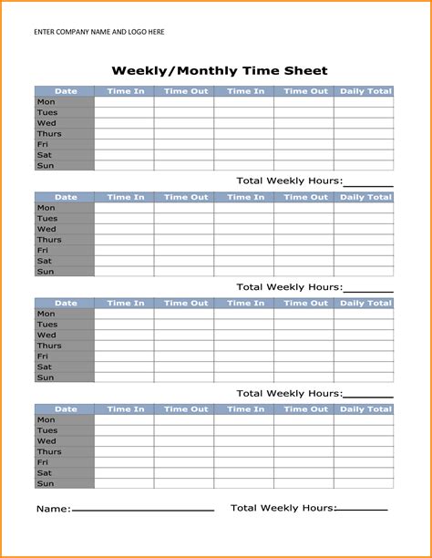 Printable Monthly Time Sheets Printable Timesheets Decorations