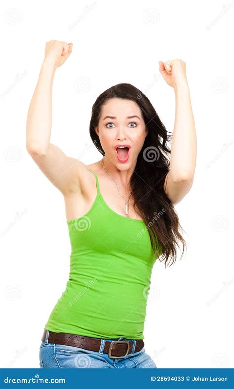 Excited Woman With Hands In The Air Stock Image Image Of Celebration