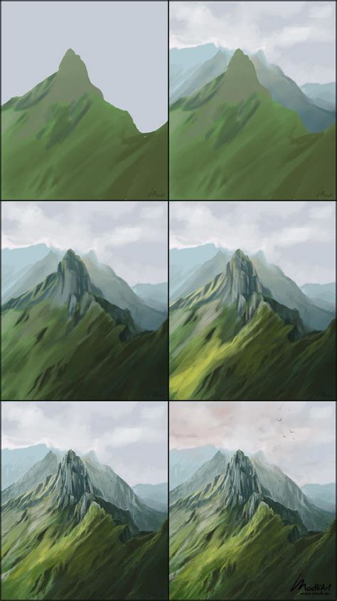 How To Paint Green Mountain Summit Scene Digital Painting Of Mountains