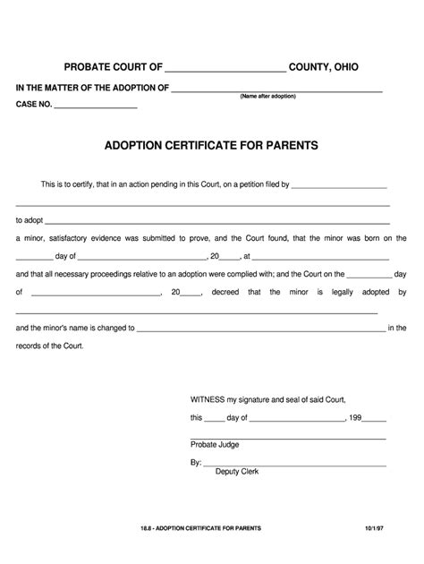 Ohio Adoption Certificate Form Blank Fill Online Printable