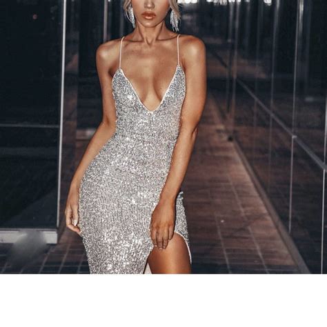 2019 Summer Silver Sequined Midi Dress Deep V Neck Split Party Dress