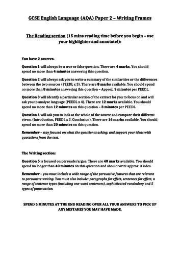 Created by mrs good almost 6 years ago. GCSE AQA English Language Paper 2 - Writing frames and Top Tips | Teaching Resources