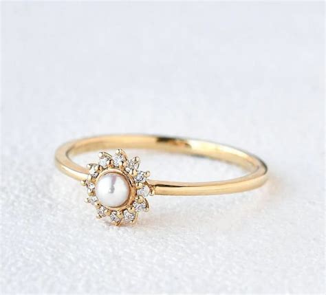 Dainty Pearl Ring Diamond Pearl Ring 14k Vintage Pearl Etsy