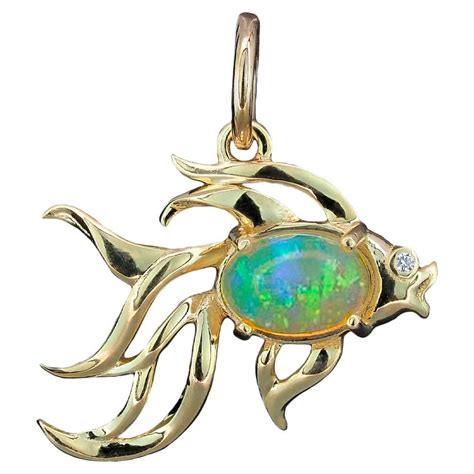 Fish Design 14k Gold Pendant With Opal And Diamond For Sale At 1stdibs