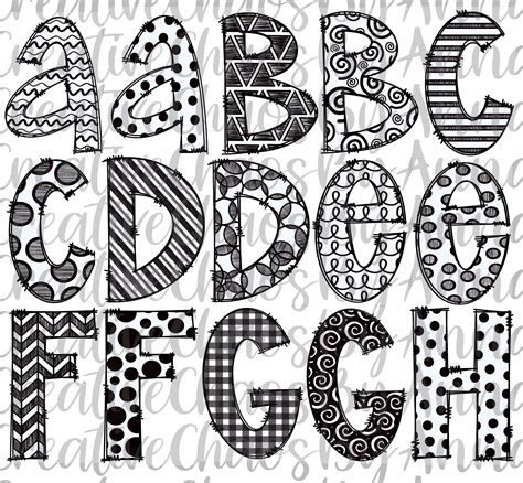 Black And White Doodle Letters Alphabet Bundle Png Hand Etsy