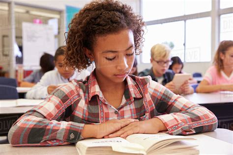 Schoolgirl Reading At Her Desk In An Elementary School Class Stock