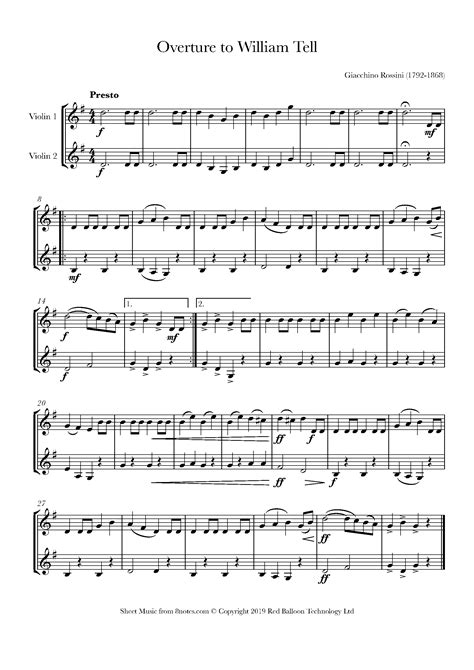 Rossini William Tell Overture Sheet Music For Violin Duet 8notes