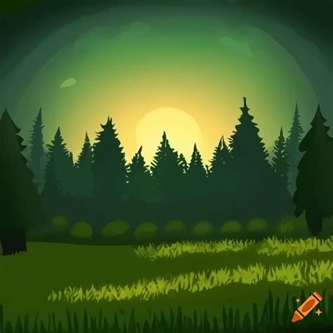 Cartoon Illustration Of An Evening Meadow With A Dark Forest