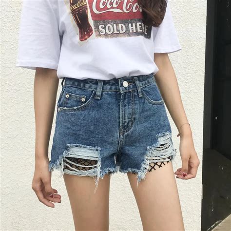 2018 Summer High Waist Hole Sex Denim Shorts Women Mesh Stitching Casual Jeans Shorts Girl Hot