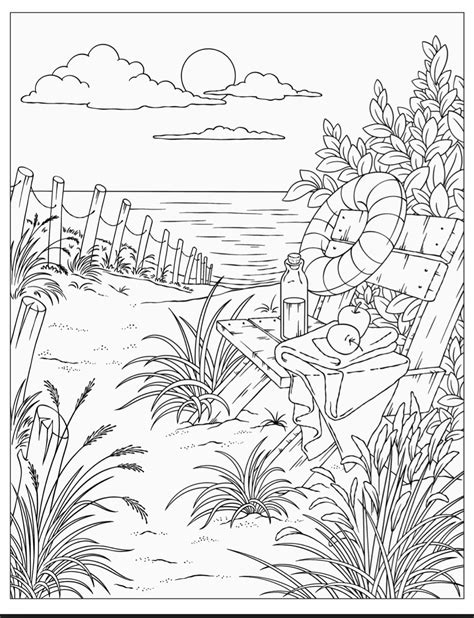 A Coloring Book Page With An Image Of A Beach Scene And The Ocean In