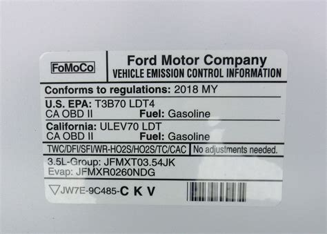 Ford F Vehicle Emission Control Information Label State