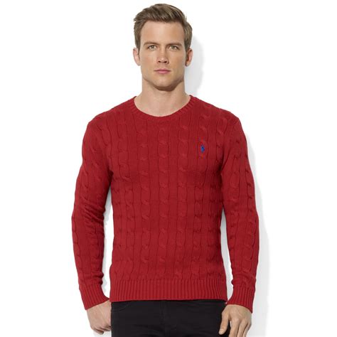 Lyst Ralph Lauren Roving Crew Neck Cable Cotton Sweater In Red For Men