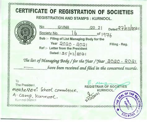 Certificate Of Registration Montessori English Medium Primary School