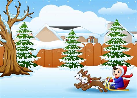Cartoon Boy Riding Sled On The Snowing Village Pulled By Two Dogs Stock