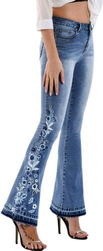 Womens Chic Floral Embroidered High Rise Bell Bottom Flare Jeans Blue Xs Xxl Ebay