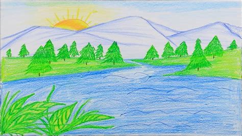 How To Draw A Beautiful Mountain Lake Step By Step Very Easy Youtube