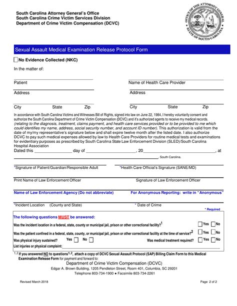 South Carolina Sexual Assault Medical Examination Release Protocol Form Fill Out Sign Online