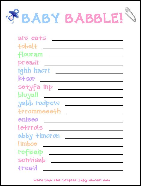 Baby Shower Word Scramble Template Free