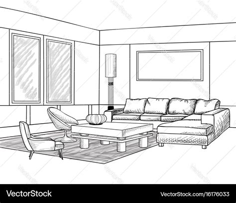 Interior Outline Sketch Living Room Furniture Vector Image