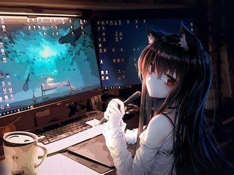 Anime Cat Girl Room Computer Animal Ears Coffee Cute For Ainol