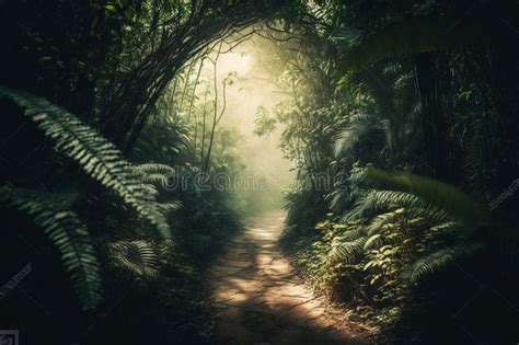Path Trail On A Luxuriant Tropical Jungle Forest With Beautiful Morning
