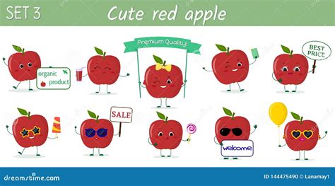 Set Of Ten Cute Kawaii Red Apples Characters In Various Poses And Accessories In Cartoon Style