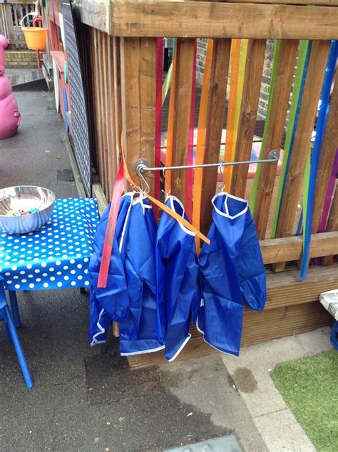 Blue Umbrellas Are Hanging On The Clothesline Near A Picnic Table With Plates And Bowls