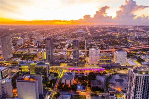Beautiful Sunset Downtown Miami Aerial Drone Photo Stock Photo Image