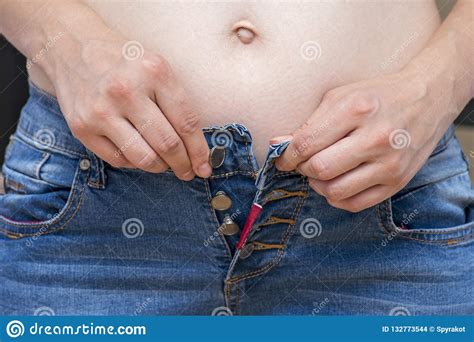 Overweight Problem Woman Cannot Button Up Her Jeans Weight Loss