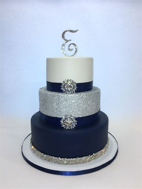 Navy Blue Silver And White 3 Tier Sweet 16 Cake Western Wedding Cakes