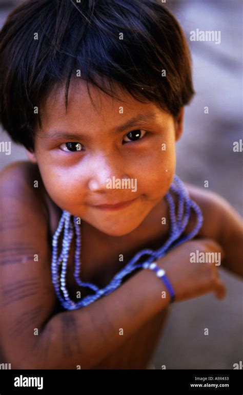 Koatinemo Village Brazil Young Assurini Indian Girl With Blue Bead Necklace Para State Stock