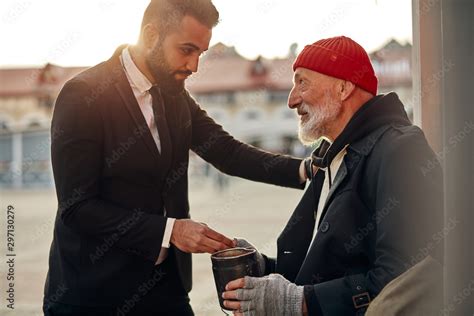 Man In Tuxedo Came Up To Beggar To Help Give Money Donation Rich Man