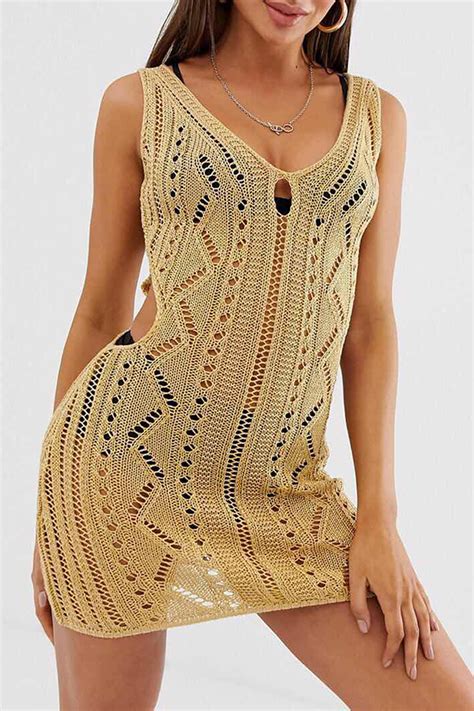 lovely sexy v neck hollow out yellow mini dresslw fashion online for women affordable women