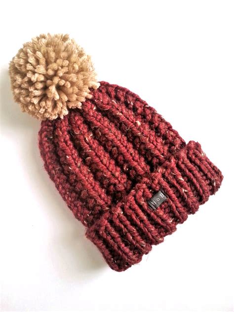 Mens Bobble Hat Thick Chunky Burgundy Hand Knit Beanie Hat Etsy