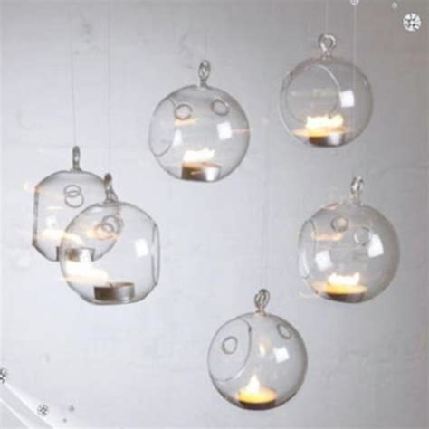 Set Of 6 Hanging Glass Bauble Tea Light Candle Holder Xmas Tree