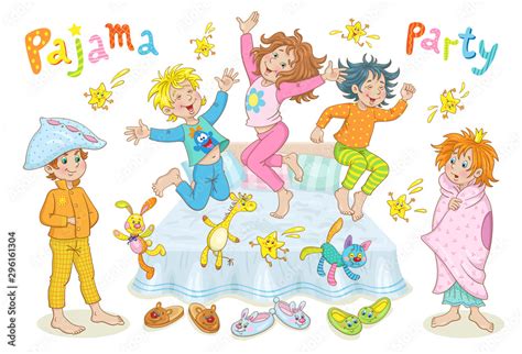 Pajama Party Funny Children In Pajamas Play And Jump On The Bed In