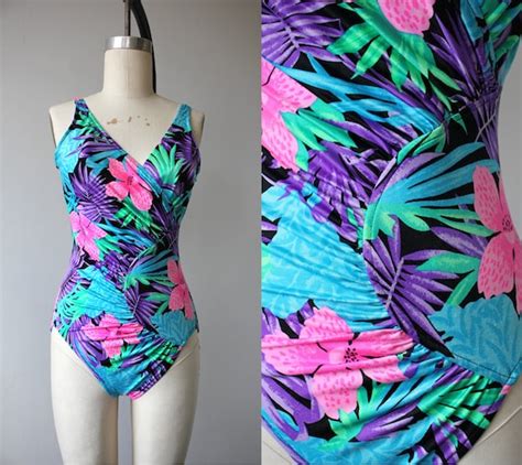 Vintage 1980s Bathing Suit 80s Bright Neon Floral S Gem