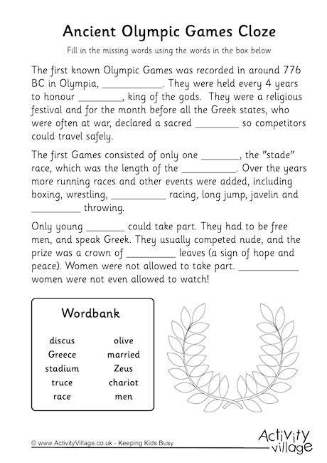Ancient Olympics Cloze Worksheet | Ancient olympics, Ancient greece for