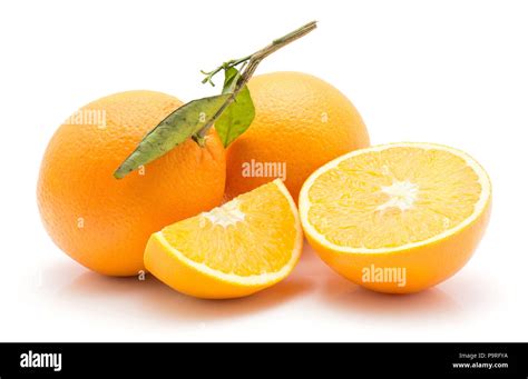 Oranges Isolated On White Background Two Whole With Green Leaf One Half