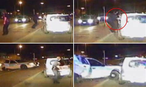 incredible moment officer pushes woman to safety and dodges police car flying into them after