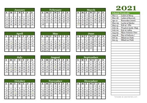 islamic festivals calendar template  printable