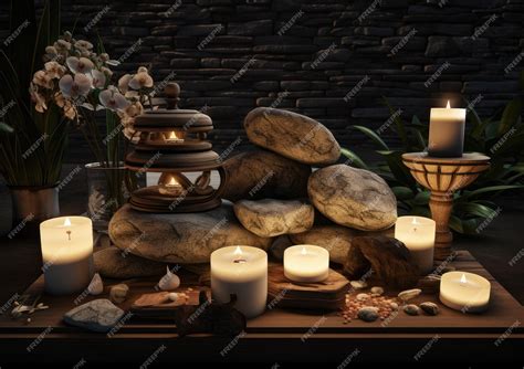 premium ai image towel on fern with candles and black hot stone on wooden background hot stone