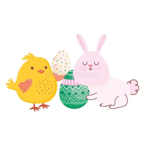 Happy Easter Rabbit And Chicken With Eggs Celebration Season Stock