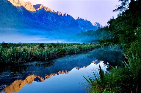 Sunrise At Mirror Lakes Fiordland New Zealand Reflection Green Miror