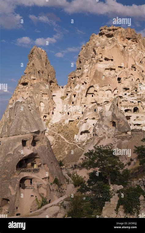 Rock Cut Cave Dwellings In Uchisar Village Cappadocia Region Turkey