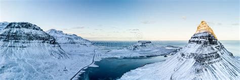 Aerial View Of Kirkjufell Mountain In Winter Iceland Stock Image