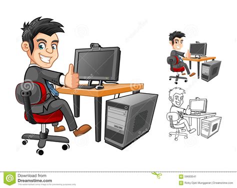 Businessman Working With Computer Cartoon Character Stock